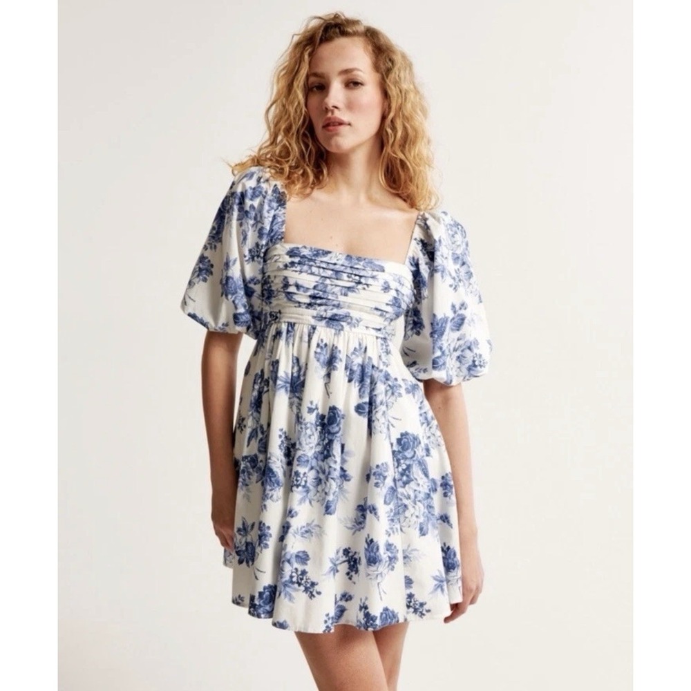 Abercrombie Fitch Emerson Waisted Puff Sleeve Mini Dress Blue XS